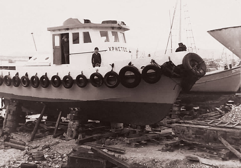 Old photograph of the boat Christos, the first tugboat of Spanopoulos Group back in 1977