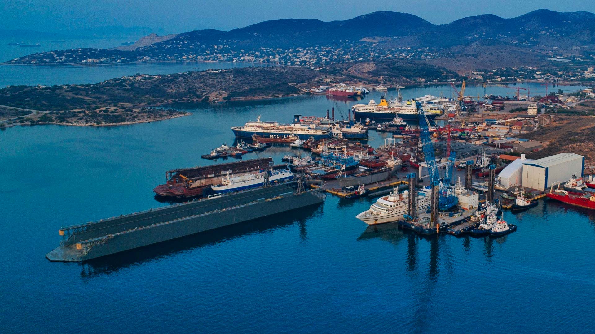 Aerial view of Spanopoulos Group shipyard in the evening